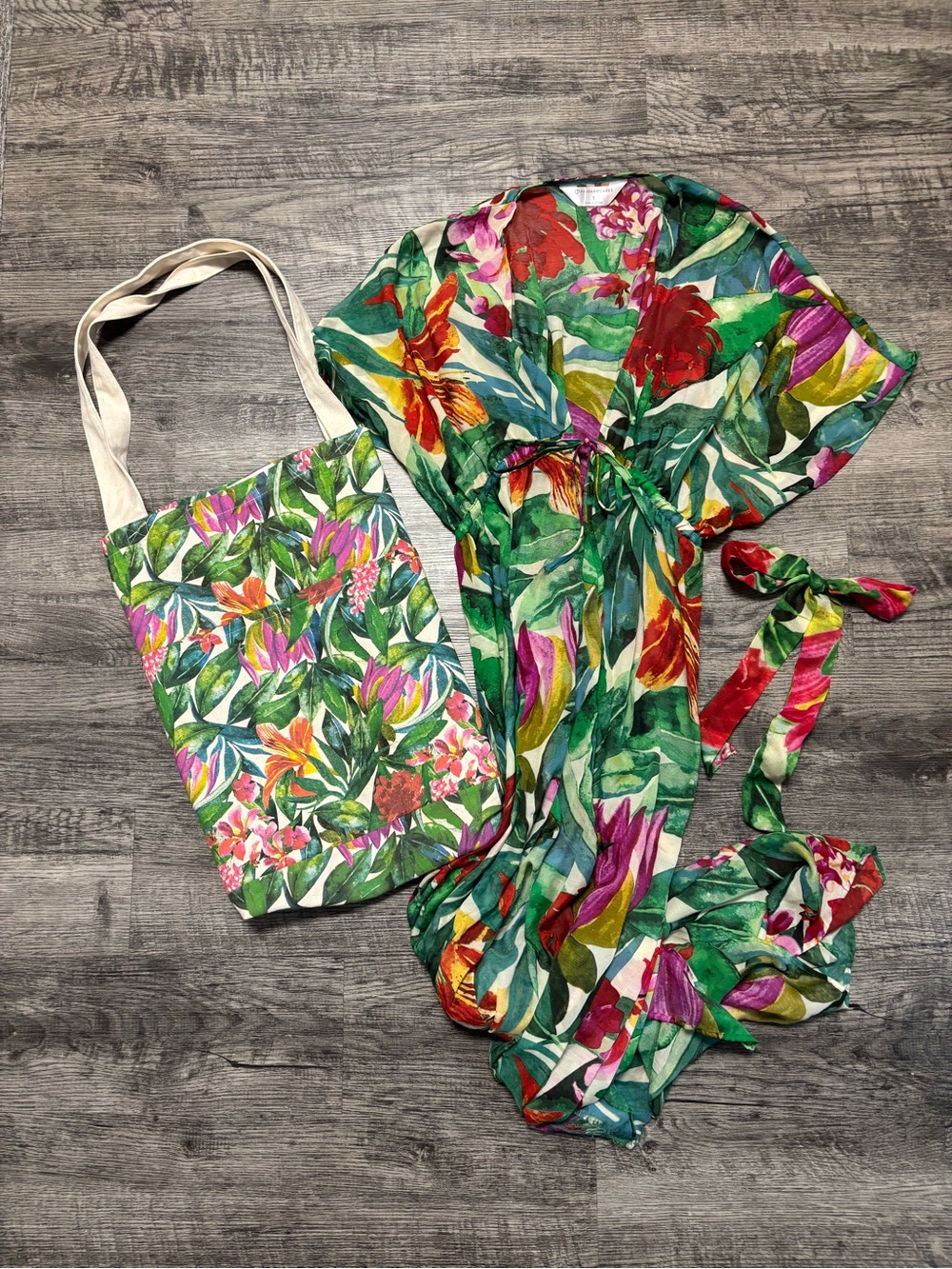 Tropical Floral Cover-Up, Scarf & Tote Set - Green Multi
